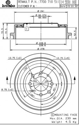 Тормозной барабан 14.5591.10 BREMBO