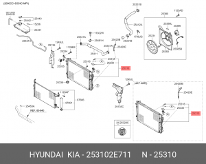 Радиатор, охлаждение двигател 253102E711 HYUNDAI KIA