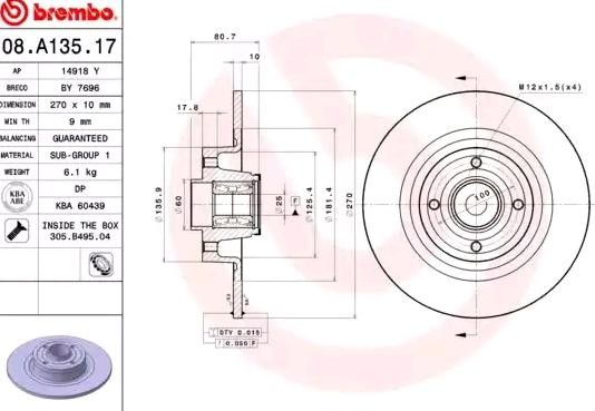 Тормозной диск 08.A135.17 BREMBO