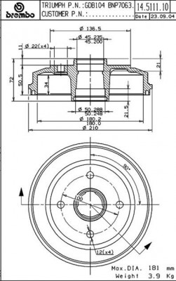 Тормозной барабан 14.5111.10 BREMBO