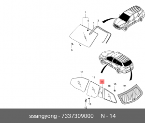 Стекло двери 7337309000 SSANG YONG