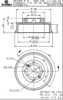Тормозной барабан 14.3169.10 BREMBO