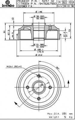 Тормозной барабан 14.5822.10 BREMBO