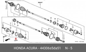 Вал привода колеса в сборе с ШРУСами 44306S5DA51 HONDA