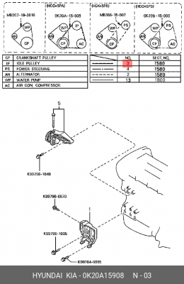 Поликлиновой ремень 0K20A-15908 HYUNDAI KIA