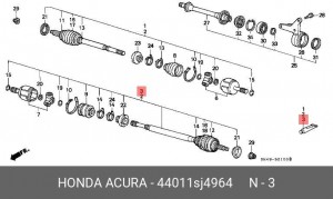Вал привода колеса в сборе с ШРУСами 44011SJ4964 HONDA