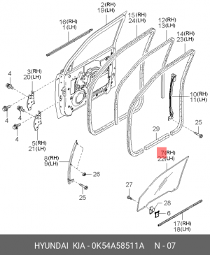 Стекло двери 0K54A58511A HYUNDAI KIA
