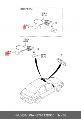 Стекло зеркала заднего вида 876112D000 HYUNDAI KIA