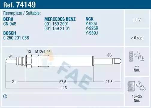 Свеча накаливания 74149 FAE