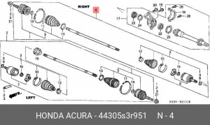 Вал привода колеса в сборе с ШРУСами 44305S3R951 HONDA