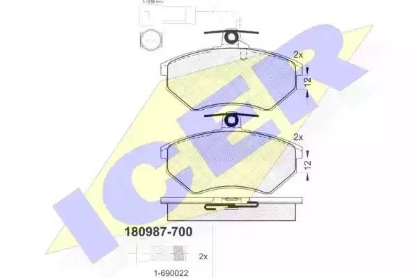 Комплект тормозных колодок, диско 180987-700 ICER