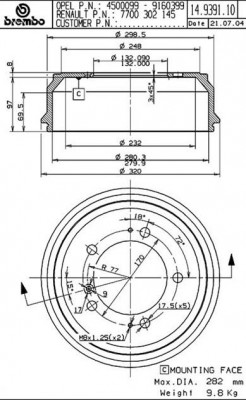Тормозной барабан 14.9391.10 BREMBO