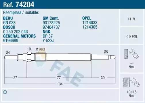 Свеча накаливания 74204 FAE