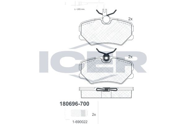 Комплект тормозных колодок, диско 180696-700 ICER