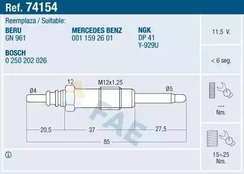 Свеча накаливания 74154 FAE