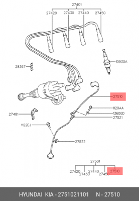 Ккомплект проводов зажигания 2751021101 HYUNDAI KIA