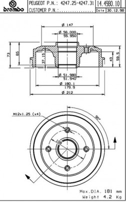 Тормозной барабан 14.4980.10 BREMBO