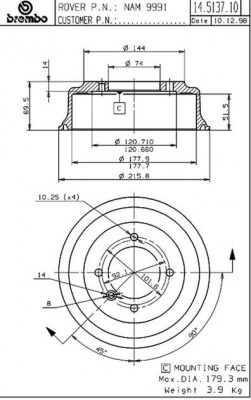 Тормозной барабан 14.5137.10 BREMBO