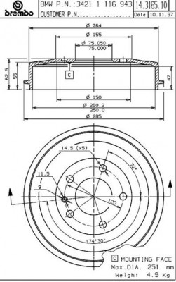 Тормозной барабан 14.3165.10 BREMBO