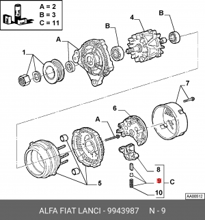 Угольная щетка, генератор 9943987 ALFA FIAT LANCIA