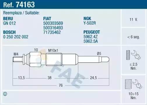 Свеча накаливания 74163 FAE