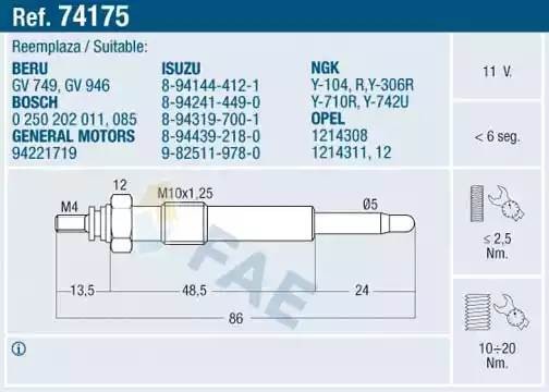 Свеча накаливания 74175 FAE
