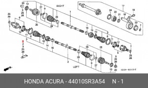 Вал привода колеса в сборе с ШРУСами 44010SR3A54 HONDA