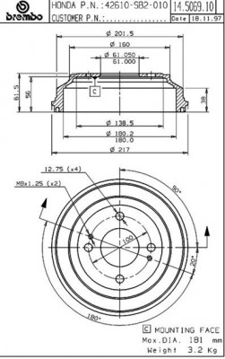 Тормозной барабан 14.5069.10 BREMBO