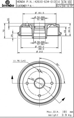 Тормозной барабан 14.3174.10 BREMBO