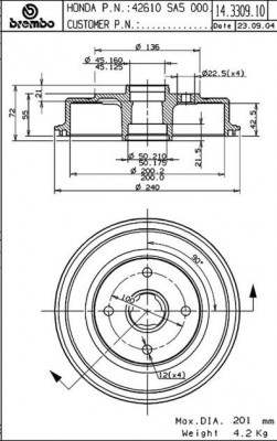 Тормозной барабан 14.3309.10 BREMBO