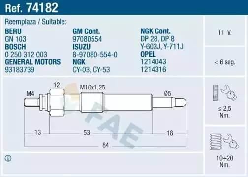 Свеча накаливания 74182 FAE