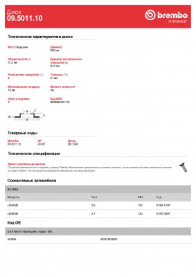 Тормозной диск 09501110 BREMBO