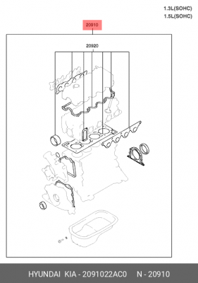 Комплект прокладок, двигатель 2091022AC0 HYUNDAI KIA