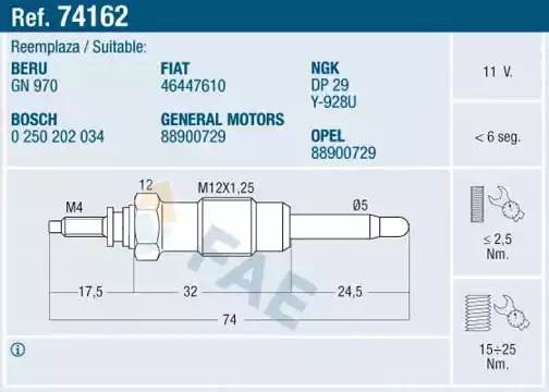 Свеча накаливания 74162 FAE
