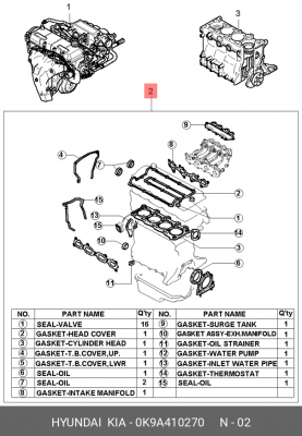 Комплект прокладок, головка цилиндра 0K9A410270 HYUNDAI KIA